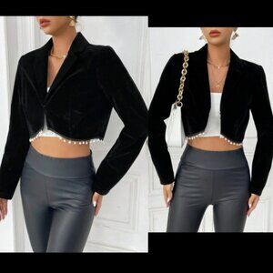 Black velvet / faux suede Pearl embellished hem copped collared jacket
